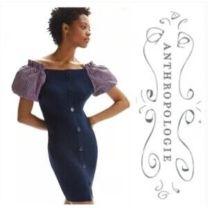 Anthropologie Maeve Puff-Sleeved Mini Navy Dress Knit Gingham Women's Size XS